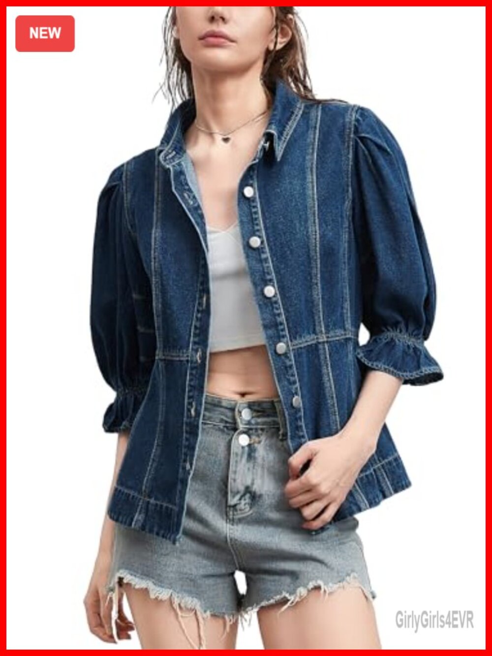 D-Sun Women Denim Shirt V-Neck Puff Sleeve Button Down Jean Blouse